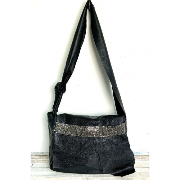 MMN CRYSTAL RAW EDGE BLACK GENUINE LEATHER FLAP SHOULDER BAG XBODY MESSENGER - Picture 1 of 12